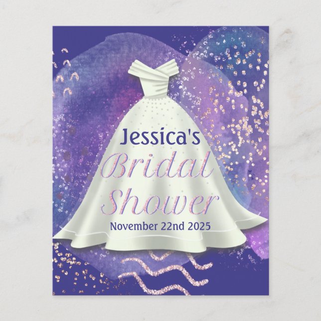 Bridal Shower Wedding Gown Purple & Rose Gold Glam Flyer (Front)