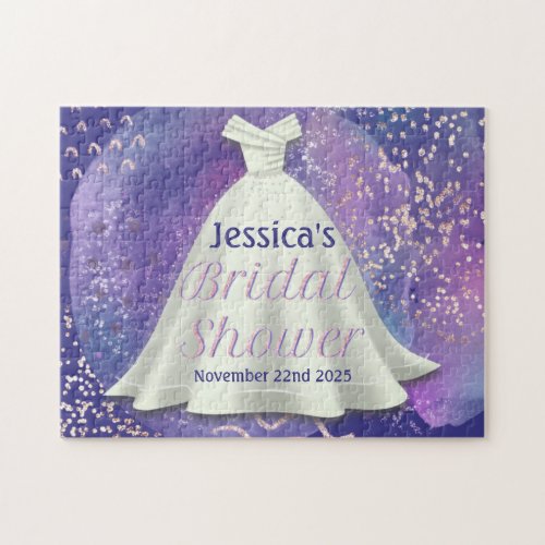 Bridal Shower Wedding Gown Purple  Rose Gold Glam Jigsaw Puzzle