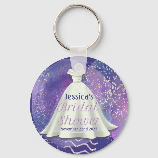 Bridal Shower Wedding Gown Purple & Rose Gold Glam Keychain (Front)