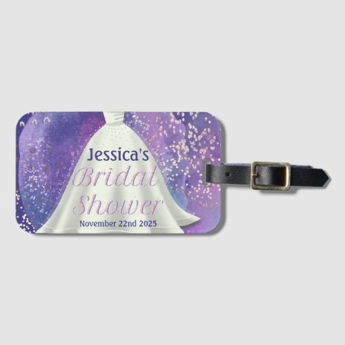 Bridal Shower Wedding Gown Purple  Rose Gold Glam Luggage Tag