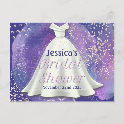 Bridal Shower Wedding Gown Purple  Rose Gold Glam Postcard