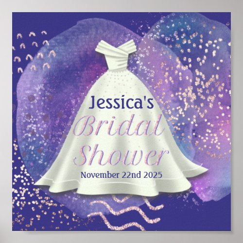 Bridal Shower Wedding Gown Purple  Rose Gold Glam Poster