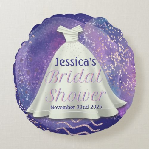 Bridal Shower Wedding Gown Purple  Rose Gold Glam Round Pillow