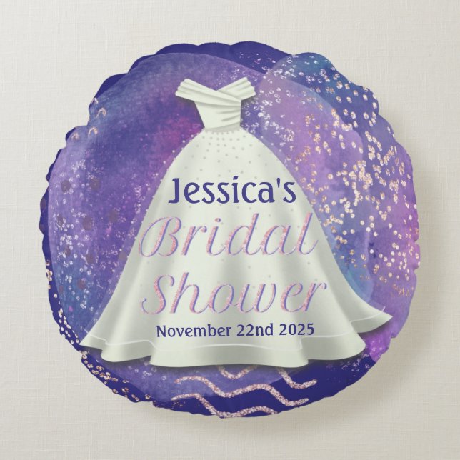 Bridal Shower Wedding Gown Purple & Rose Gold Glam Round Pillow (Front)