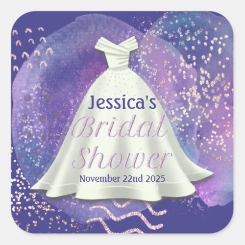 Bridal Shower Wedding Gown Purple  Rose Gold Glam Square Sticker