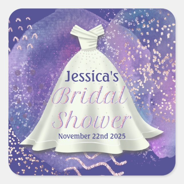 Bridal Shower Wedding Gown Purple & Rose Gold Glam Square Sticker (Front)