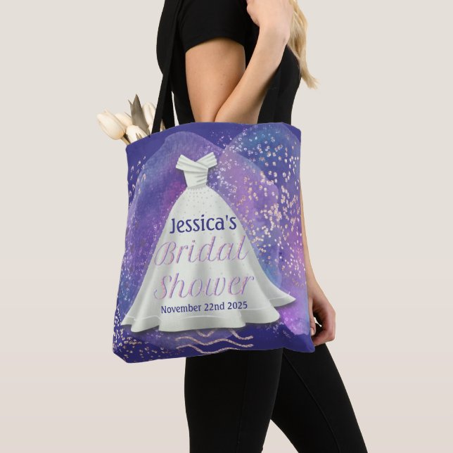 Bridal Shower Wedding Gown Purple & Rose Gold Glam Tote Bag (Close Up)