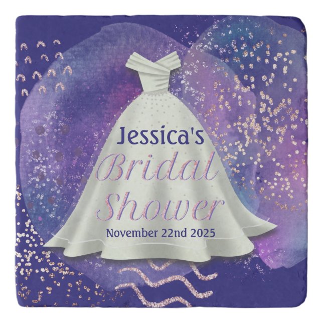 Bridal Shower Wedding Gown Purple & Rose Gold Glam Trivet (Front)
