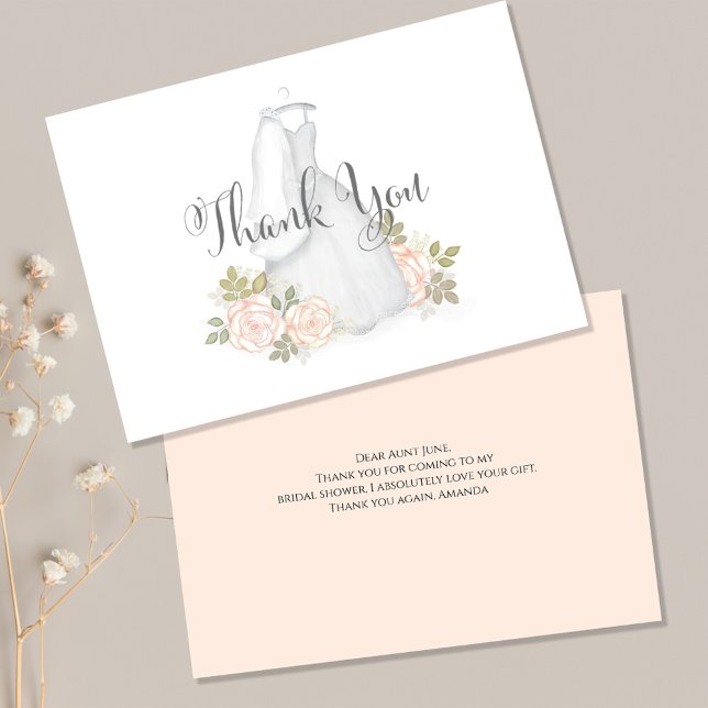 Bridal Shower Wedding Gown Thank You Card (Stylish Thank you postcard with blush pink roses. )