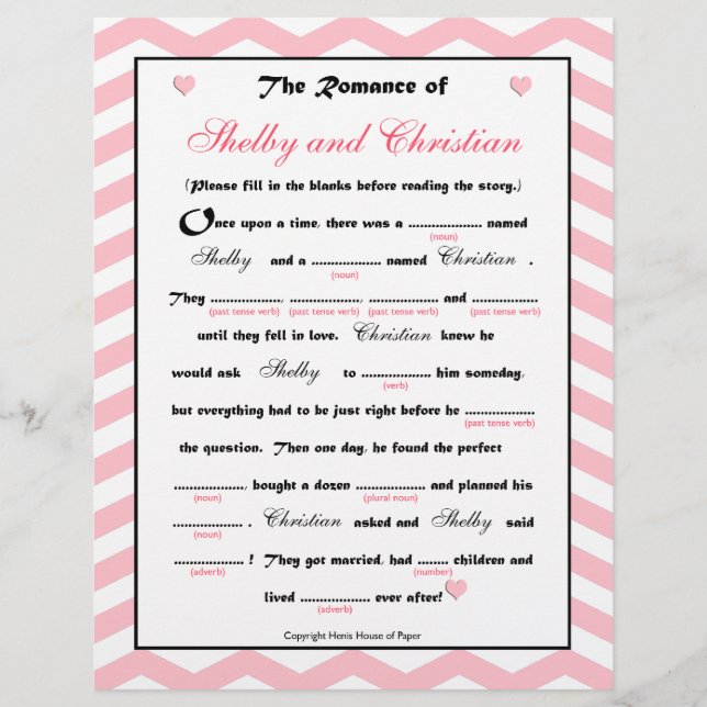 Bridal Shower Wedding Libs Game (Front)