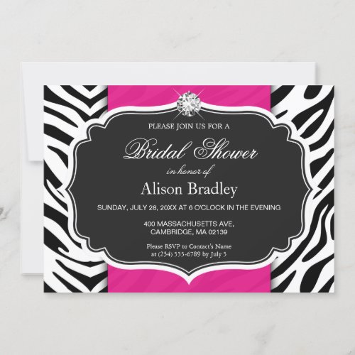Bridal Shower Wedding Shower Zebra Print Hot Pink 5x7 Paper Invitation Card