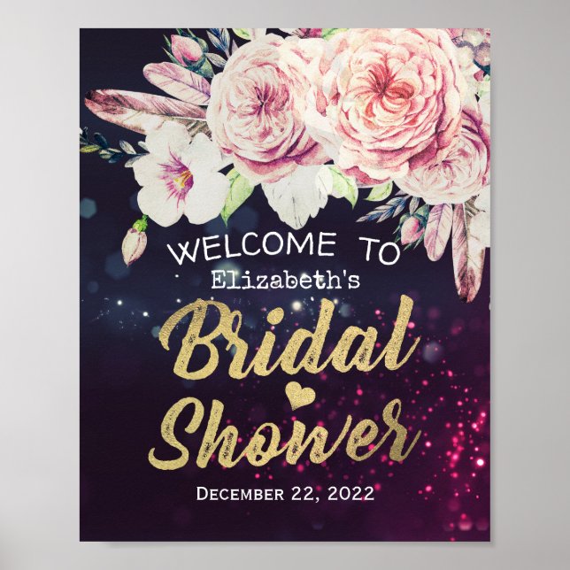 Bridal Shower Welcome Boho Floral Feathers Purple Poster (Front)