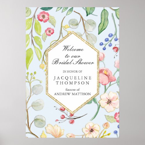 Bridal Shower Welcome Dusty Blue Floral Foliage Poster