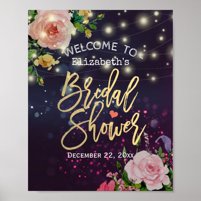 Bridal Shower Welcome  Floral Purple String Lights Poster (Front)