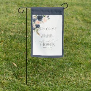 Bridal Shower Welcome Navy Blue & Blush Floral Garden Flag