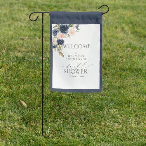 Bridal Shower Welcome Navy Blue  Blush Floral Garden Flag