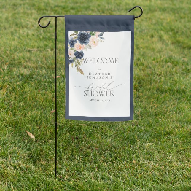 Bridal Shower Welcome Navy Blue & Blush Floral Garden Flag (In SItu)