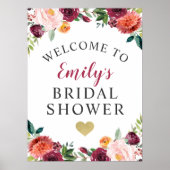 Bridal Shower Welcome Rustic Burgundy Fall Floral Poster (Front)