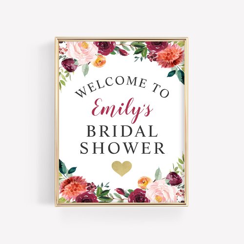 Bridal Shower Welcome Rustic Burgundy Fall Floral Poster