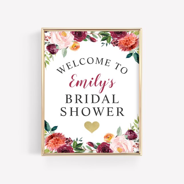 Bridal Shower Welcome Rustic Burgundy Fall Floral Poster