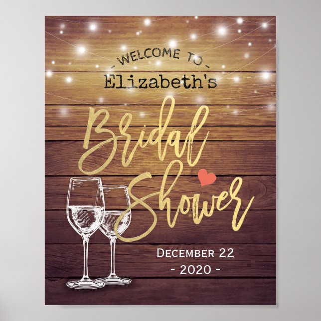 Bridal Shower Welcome Rustic Wood Champagne Glass Poster (Front)