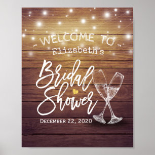 Bridal Shower Welcome Rustic Wood Champagne Glass Poster
