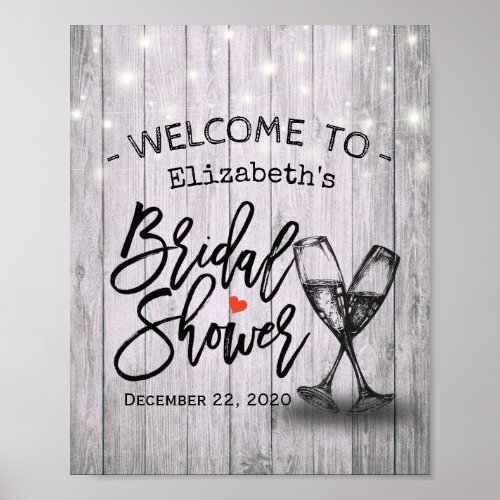 Bridal Shower Welcome Rustic Wood Champagne Glass Poster