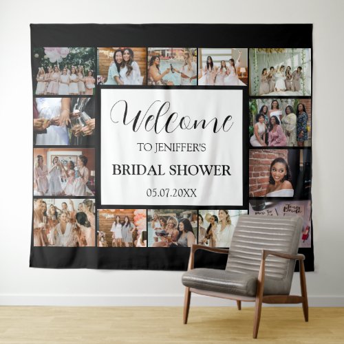 Bridal Shower Welcome Script Black Photo Collage Tapestry