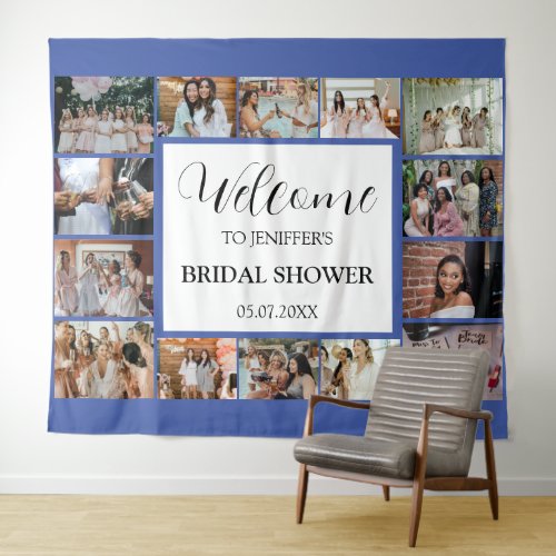 Bridal Shower Welcome Script Blue Photo Collage  Tapestry