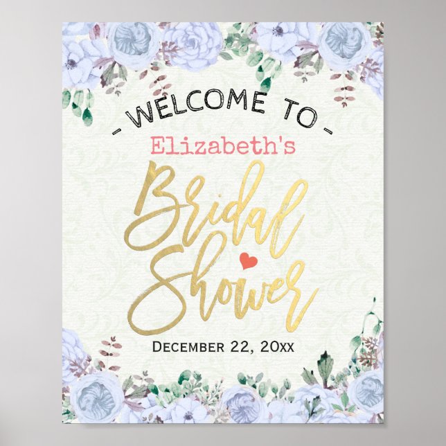 Bridal Shower Welcome Sign Chic Floral Gold Script (Front)