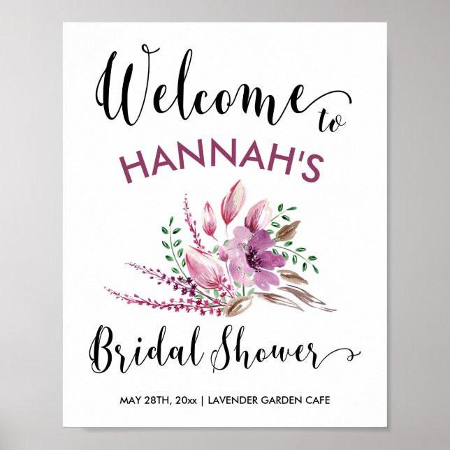 Bridal Shower Welcome Sign Lavendar & Lilac Floral (Front)