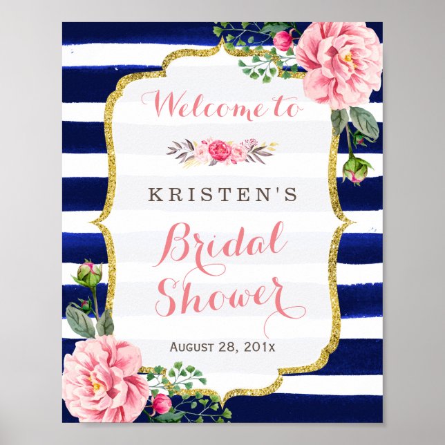 Bridal Shower Welcome Sign Pink Floral Navy Stripe (Front)