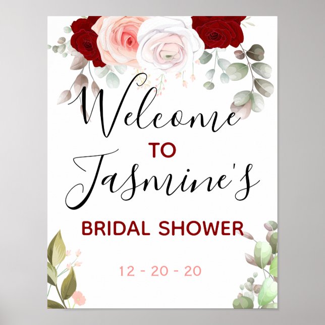 Bridal Shower Welcome Sign, Red, Blush, Eucalyptus Poster (Front)