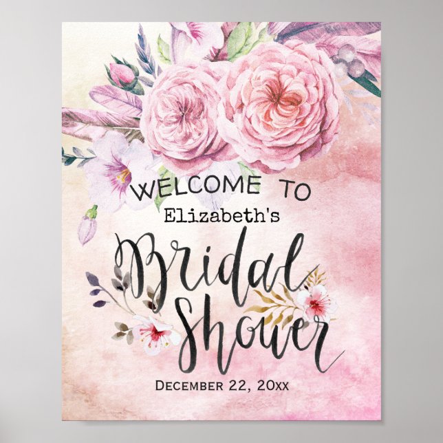 Bridal Shower Welcome Watercolor Floral & Feathers Poster (Front)