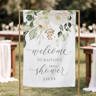 Bridal Shower Welcome White Floral Fabric Sign