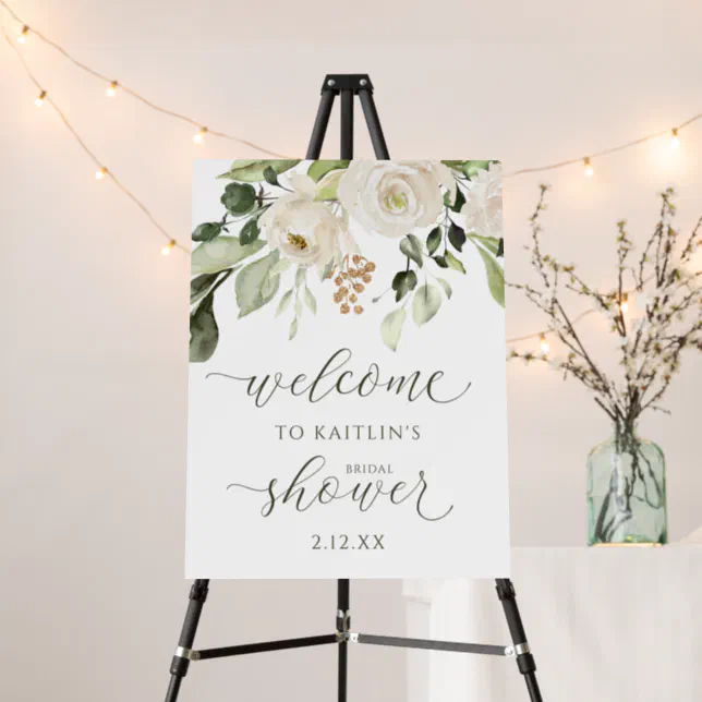 Bridal Shower Welcome White Floral Greenery Foam Board | Zazzle