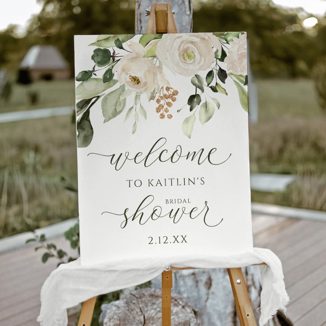Bridal Shower Welcome White Floral Greenery Foam Board (Elegant bridal shower welcome sign with white florals and greenery)