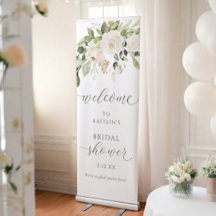 Bridal Shower Welcome White Floral Greenery Garden Retractable Banner