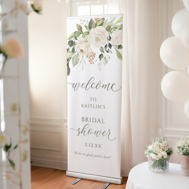 Bridal Shower Welcome White Floral Greenery Garden Retractable Banner (Bridal Shower Welcome Sign Banner - White floral watercolor flowers and greenery)