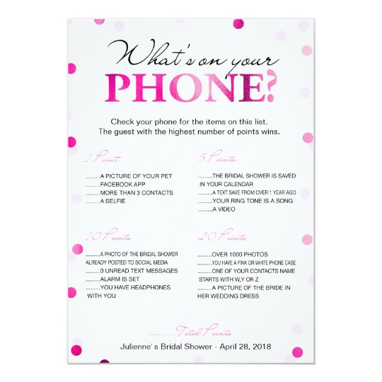 Bridal Shower What's on Your Phone Game Card | Zazzle.com