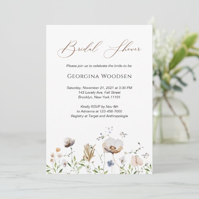 Bridal Shower Whimsical Wildflowers Elegant Script Invitation (Standing Front)