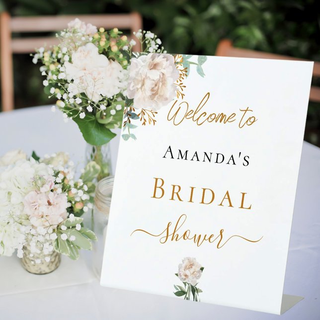 Bridal Shower white floral eucalyptus welcome Pedestal Sign (Creator Uploaded)