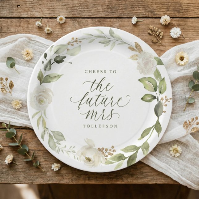 Bridal Shower White Floral Greenery Paper Plates (Botanical watercolor flowers bridal shower paper plates in sage green for the bride to be)