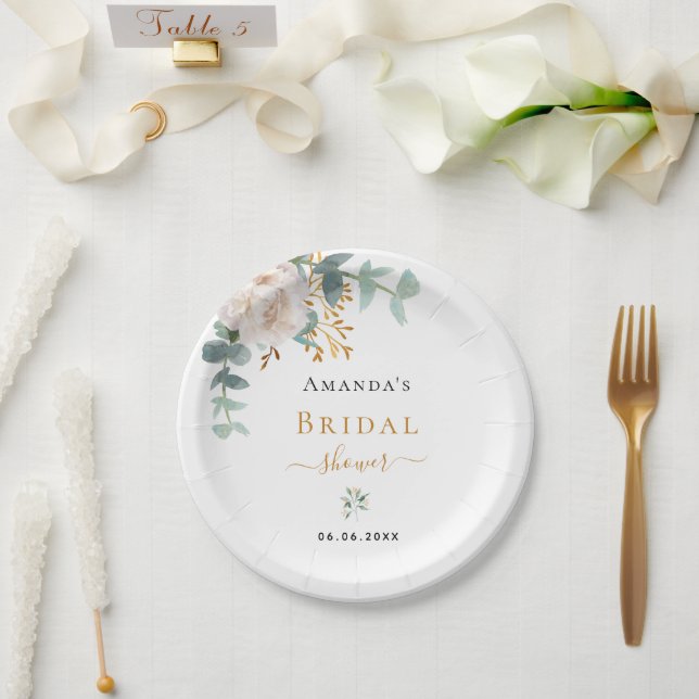 Bridal Shower white flower eucalyptus greenery Paper Plates (Wedding)
