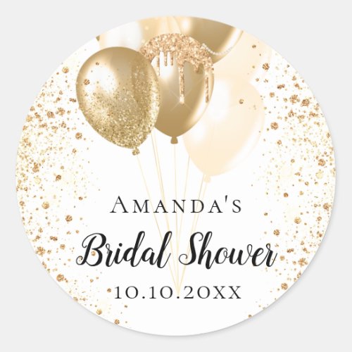 Bridal Shower white gold glitter balloons name Classic Round Sticker