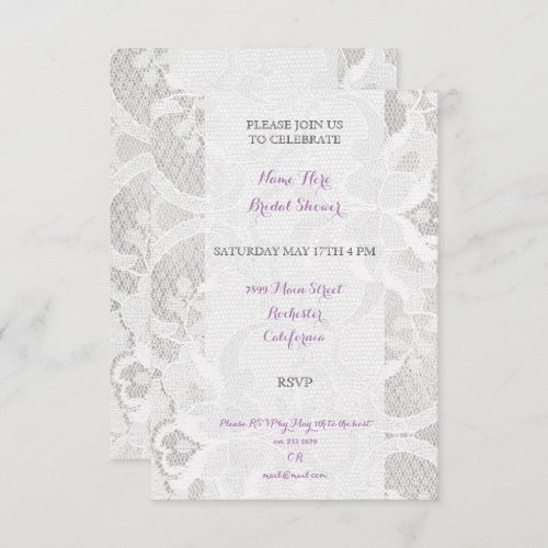 Bridal Shower White Lace Gray Lavanda Purple Invitation