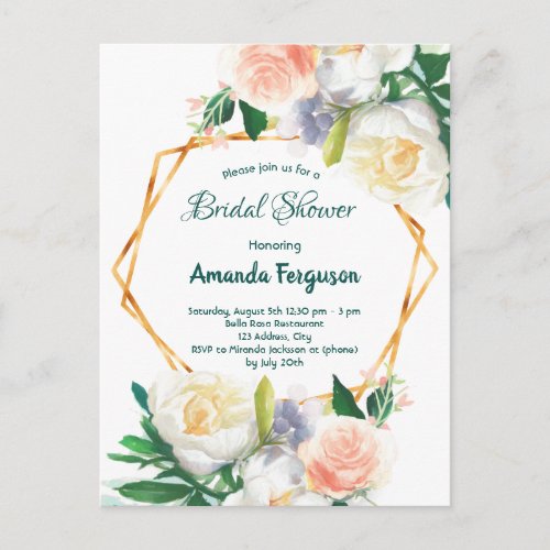 Bridal shower white pink blue floral invitation postcard