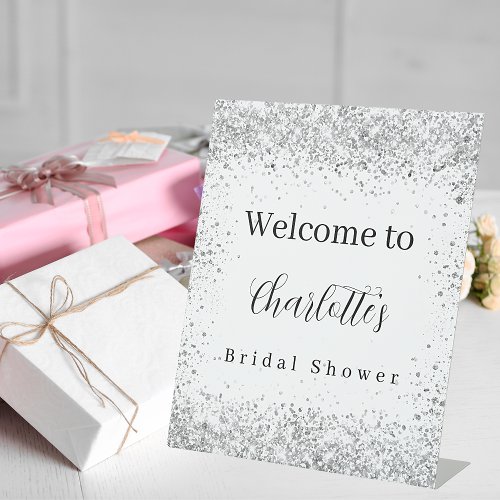 Bridal Shower white silver glitter script welcome Pedestal Sign