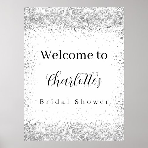 Bridal Shower white silver glitter script welcome Poster