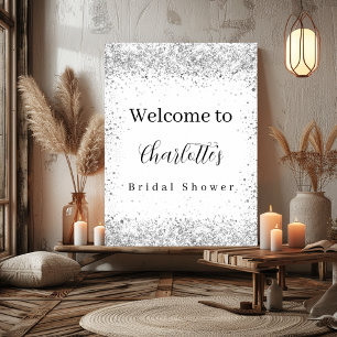 Bridal Shower white silver glitter script welcome Poster